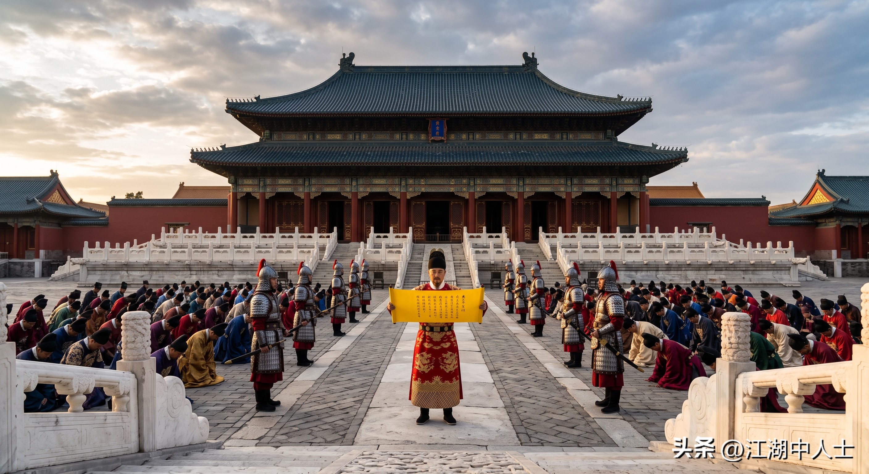 在绝大多数古装剧里，只要太监手捧黄色卷轴走出来，必定扯着嗓子高喊八个大字：“奉天承运，皇帝诏曰！”

从先秦的秦始皇，到汉武帝、唐太宗乃至宋仁宗，编剧们全给安上了这句万能台词。

但如果真实的古代帝王听到这句话，一定会一脸茫然。

因为这句开场白，不仅在明代之前根本不存在，连我们最熟悉的断句，都彻底