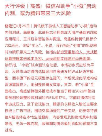 高盛：微信AI助手“小微”启动内测，或为腾讯带来三大风险
