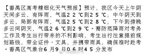 【番禺区高考精细化天气预报】预计，我区今天上午阴天间多云，有阵雨，气温...