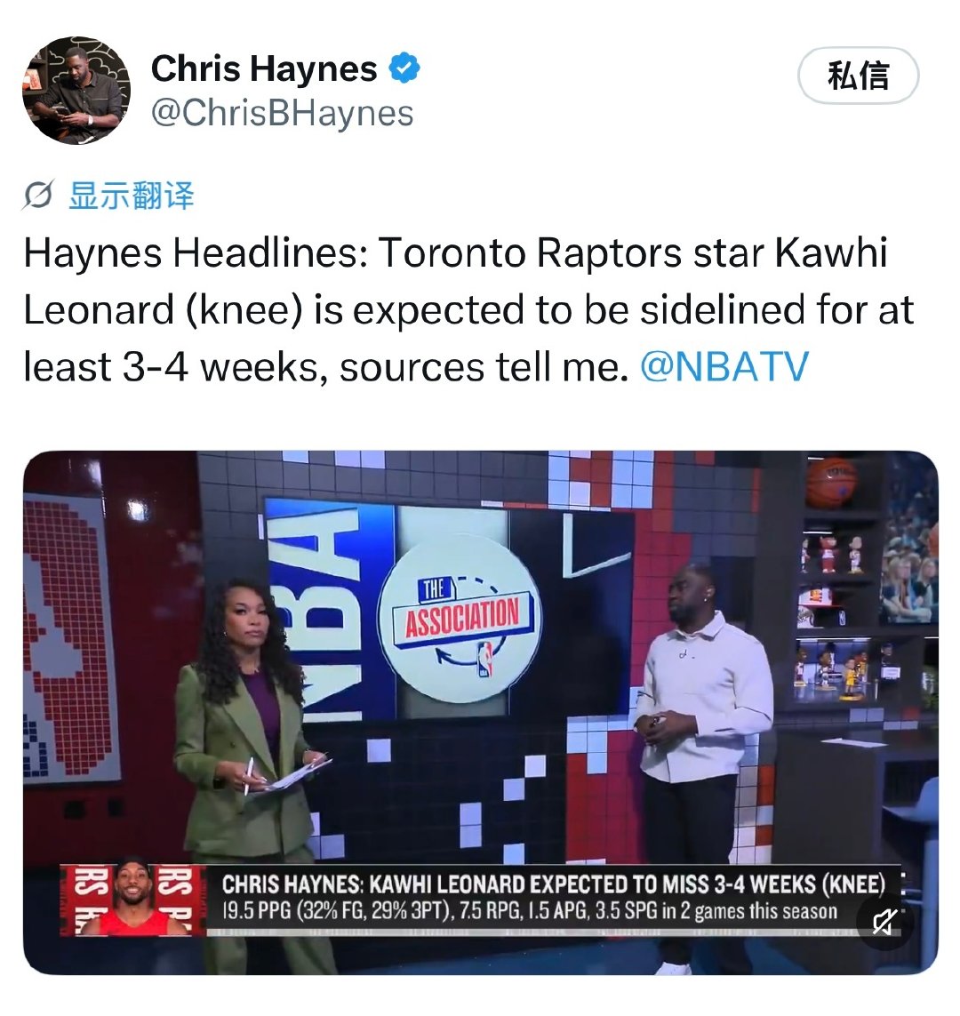 Chris Haynes：伦纳德因膝盖伤势，预计至少缺阵3-4周。 ​
