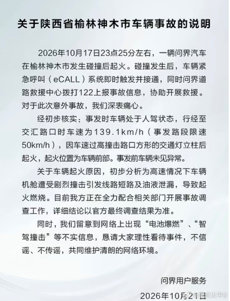 #问界回应陕西省榆林神木市车辆事故#2026年10月17日23点25分神木市一处交汇路口，一辆问界车以‌139.1km/h‌的速度撞击交通灯立柱，而该路段限速仅50km/h，超速幅度接近200%。
警方确认这是一起单方事故，车上仅司机一人已遇难；问界官方明确辟谣“电池爆燃”“智驾撞击”等网传说法，事发时车辆处于人 ​