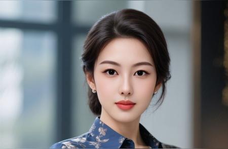 花间美人影，笑语入画来。优雅职场风，蓝花衬衫搭配灰色裙，自信满满！