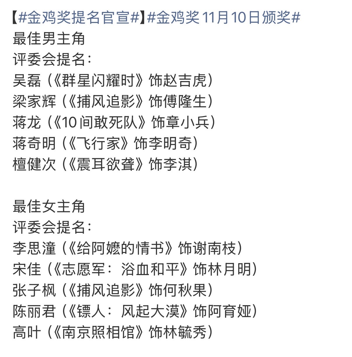 第39届金鸡提名出炉，这名单有点意外
 
金鸡奖提名刚公布，看完最佳男女主名单挺有看点。男主这边吴磊、梁家辉、蒋龙、蒋奇明、檀健次同台竞争，新老都有，檀健次呼声不低。
女主争议更大，陈丽君跨界首提直接入围，而之前拿威尼斯影后的辛芷蕾这次没能上榜。宋佳、张子枫、高叶、李思潼也都在名单里。
不知道大家更