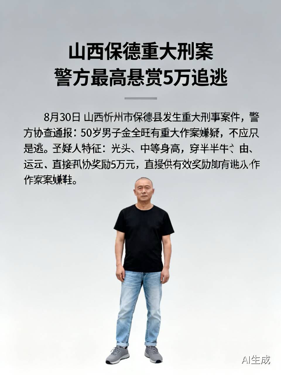 山西保德发生重大刑案，警方最高悬赏5万追逃

8月30日，山西忻州市保德县发生一