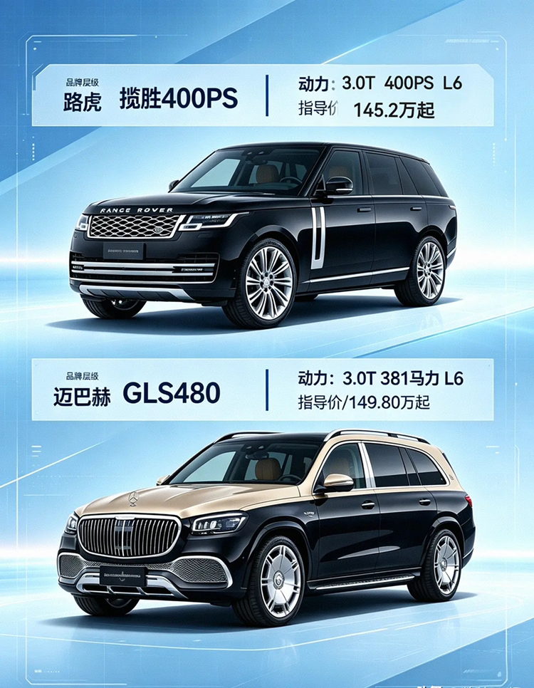 最近被150万预算选豪华SUV的问题刷屏，不少人在揽胜运动400PS典范版和迈巴赫GLS480礼逸版之间纠结到秃头。
迈巴赫GLS480往酒店门口一停，5.2米车长配选装23寸大脚，比揽运整整大一圈，双色车身加直瀑中网的压迫感直接拉满，内饰从门板到车顶全是白色真皮，连空调出风口都裹着镀铬，坐进去像钻