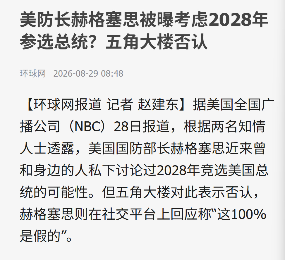 【#美防长被曝考虑2028年参选总统#，五角大楼否认，“这100%是假的”】据美国全国广播公司（NBC）28日报道，根据两名知情人士透露，美国国防部长赫格塞思近来曾和身边的人私下讨论过2028年竞选美国总统的可能性。但五角大楼对此表示否认，赫格塞思则在社交平台上回应称“这100%是假的”。

NBC爆料称， ​