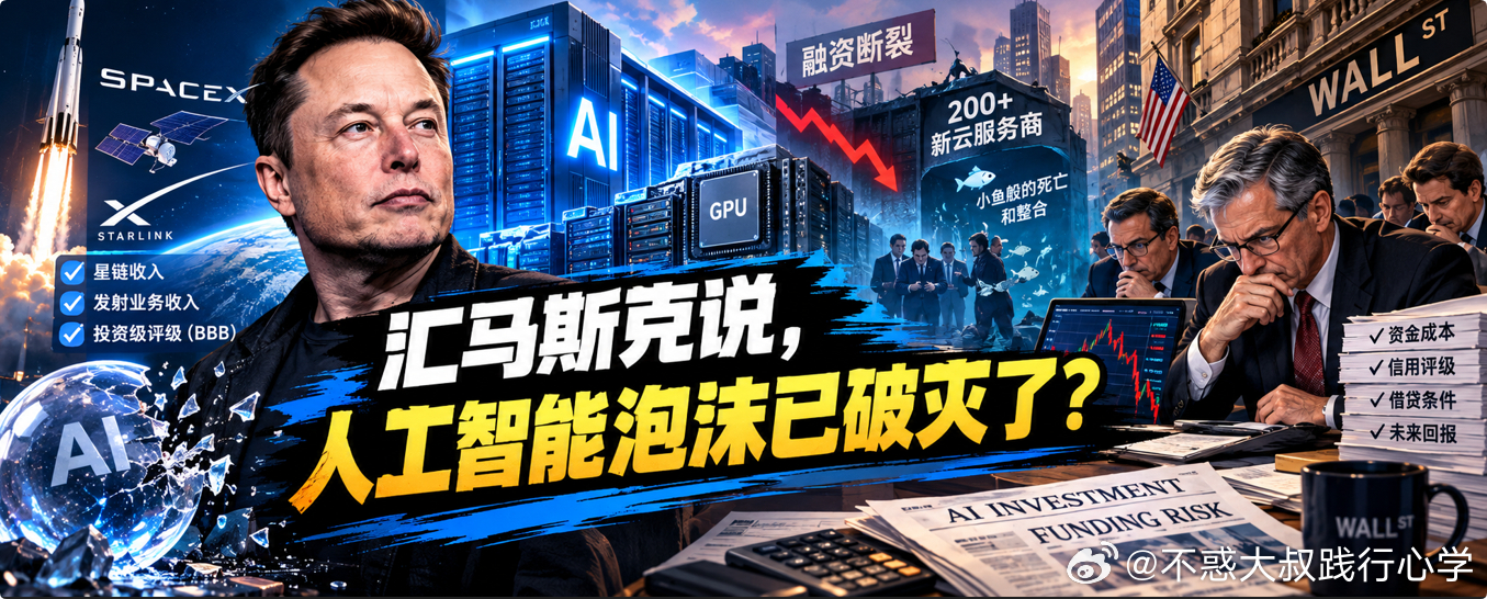 🚨 马斯克说，人工智能泡沫已破灭了？ 币圈心学拆解！
马斯克最新关于债市已切断AI融资通道贴文，被广泛理解为「人工智能泡沫已破灭」，马斯克表述的真是这个意思吗？

马斯克原贴文——
As of the past few weeks, debt markets have almost entirely shut off access to money for any company tha ​