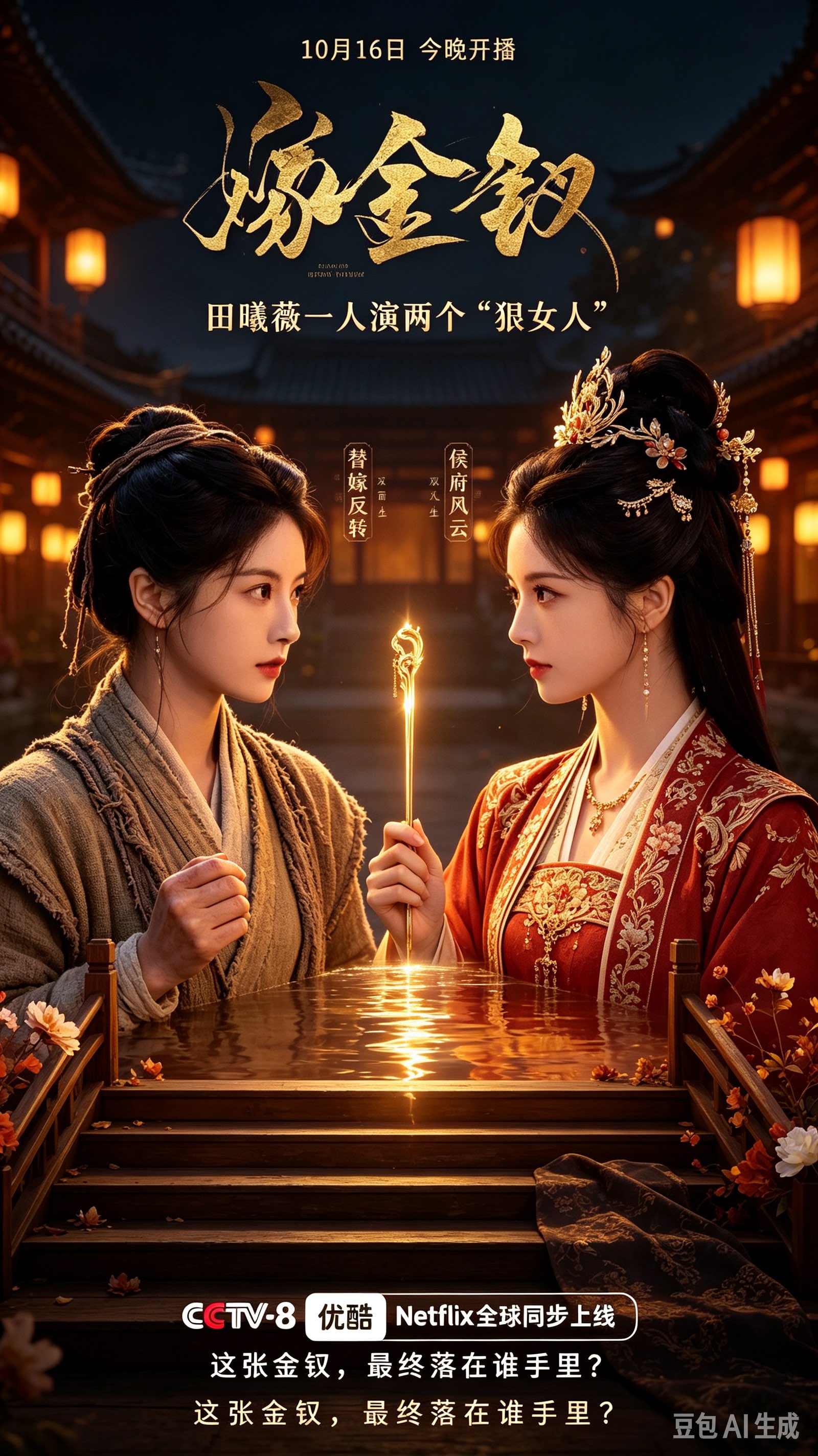 《嫁金钗》今晚开播！田曦薇一人演两个“狠女人”，这设定太带感了

10月16日，古装剧《嫁金钗》正式登陆CCTV-8和优酷，Netflix全球同步上线。

故事一开场就够抓人：一个天天倒夜香的穷苦女孩阿丑，粗布衣服，手心磨出茧，就因为长了一张和侯府小姐一模一样的脸，被逼着替嫁进国公府。而那位侯府小姐