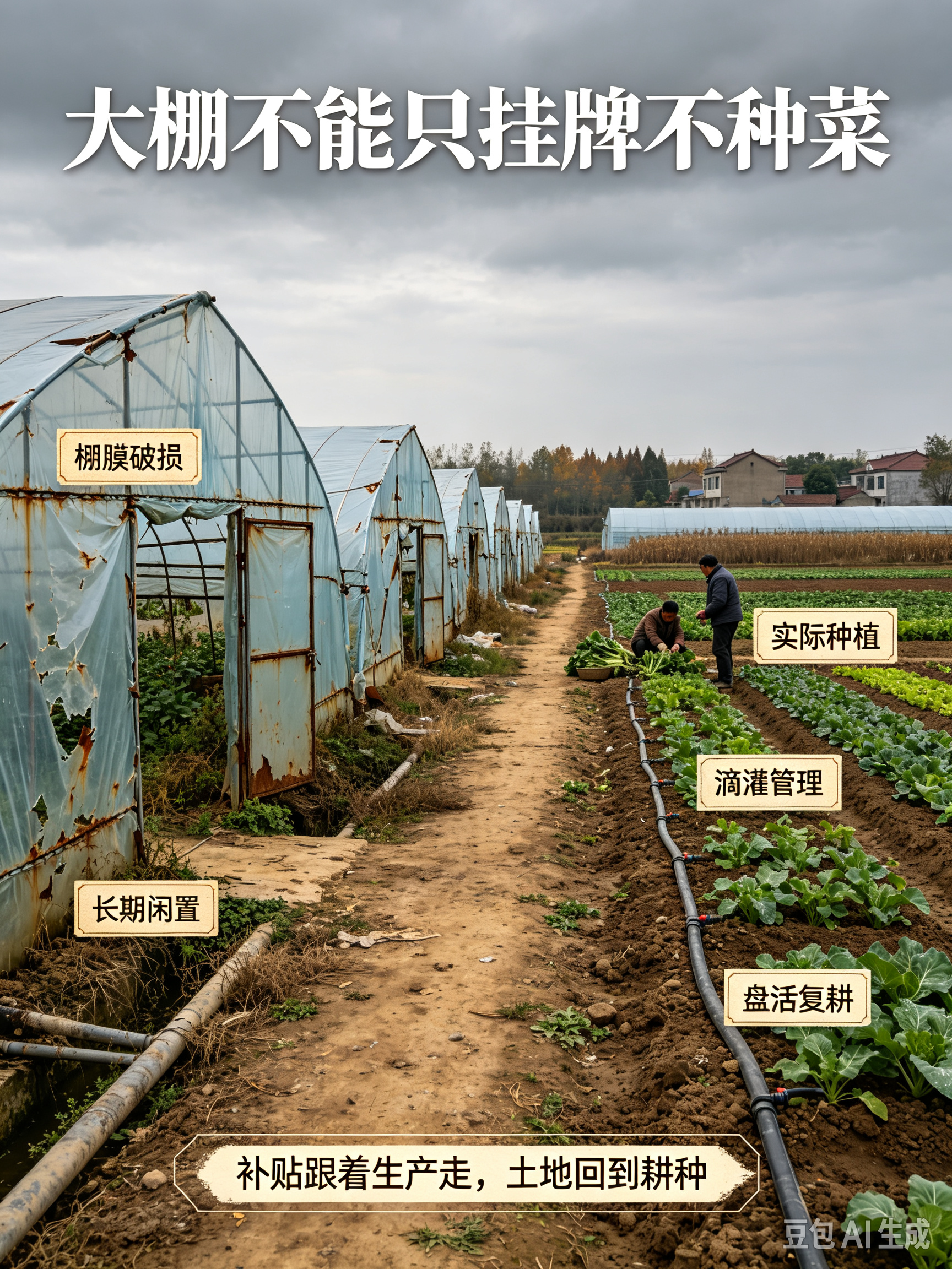 央视曝光多地设施农业大棚出现大面积撂荒，上千亩基本农田杂草丛生，部分地块荒废多年，依旧在申领各类农业补贴，检查到来就插彩旗临时应付场面。
 
这类项目建设的时候声势做得很大，图纸规划，投资数字写得十分好看，真正落地之后问题就接连冒出来。不少大棚建好交付，后续配套直接跟不上，农户手里没有成熟种植技术，