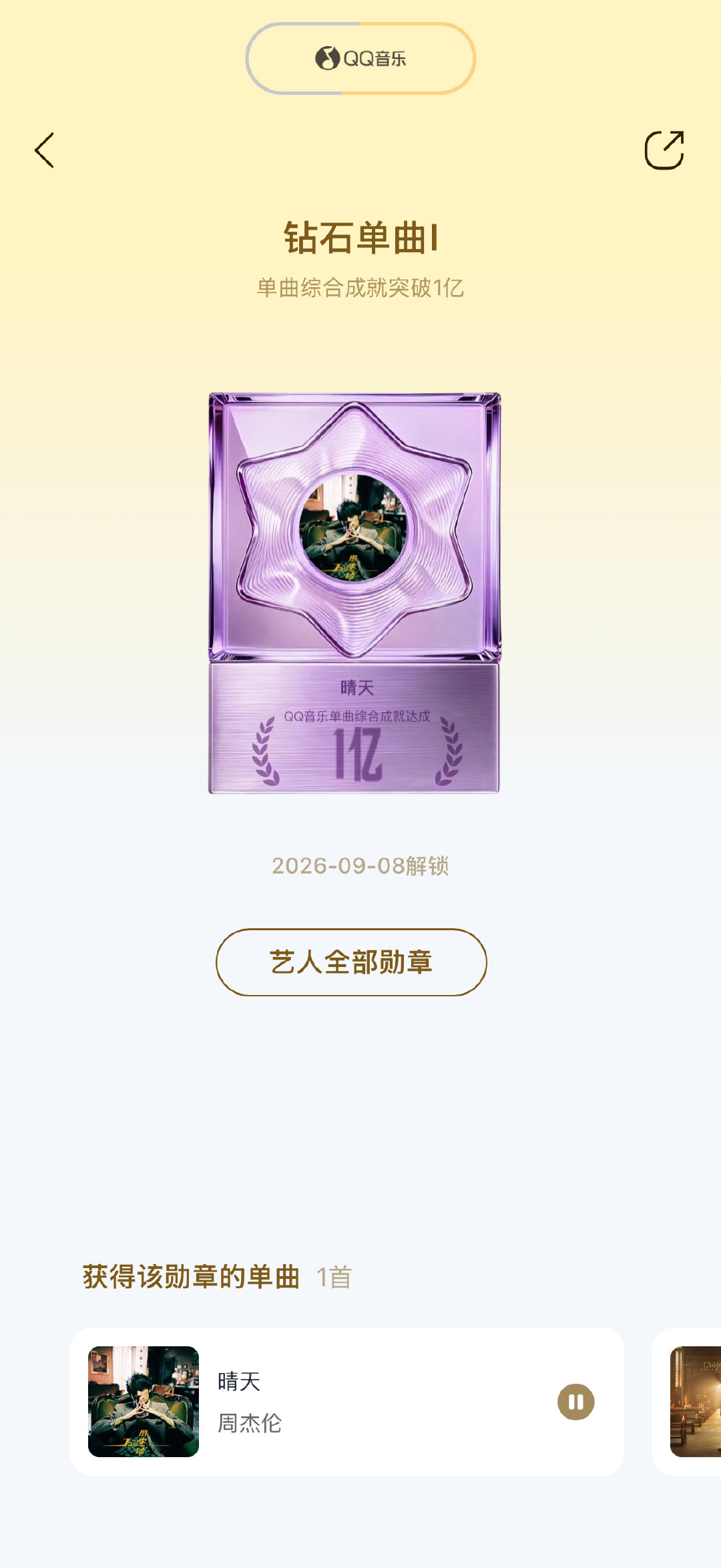 #周杰伦[超话]##华永一周杰伦# 恭喜《晴天》Qq音乐单曲综合成就破亿🎉不断刷新创造新纪录，期待周杰伦的下一首破亿歌曲（那天下雨了💪💪来猜猜杰伦今年会有几首破亿呢[哇][哇]#周杰伦新专辑太阳之子# ​