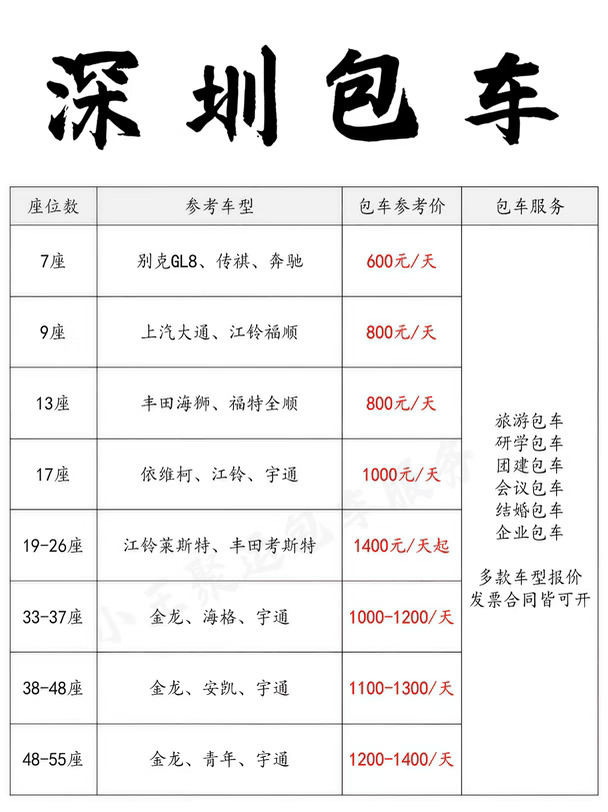 💯深圳包车价目表｜深圳包车攻略参考