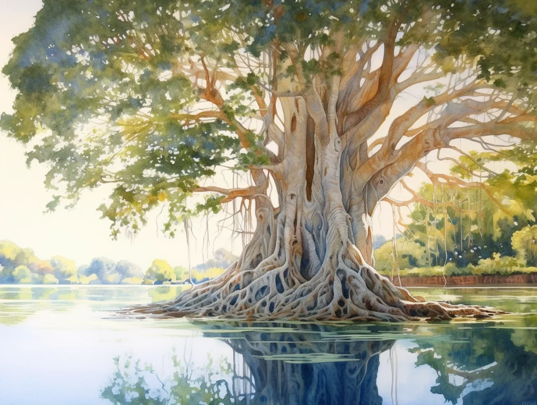 池塘边的榕树下