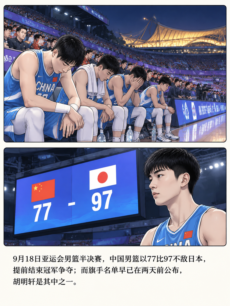 中国男篮输日本3天前，胡明轩已经当上了亚运会旗手。

9月18日半决赛，他们77比97惨败，最大落后35分，冠军直接泡汤。

主教练郭士强77天前主动背锅，这次却拒给自己和球员打分，同样防不住的外线拿不回的篮板，问题像复印一样重来。

下一场对阵伊朗争铜牌，他还能靠态度，把这循环了两年的坑真的填上吗
