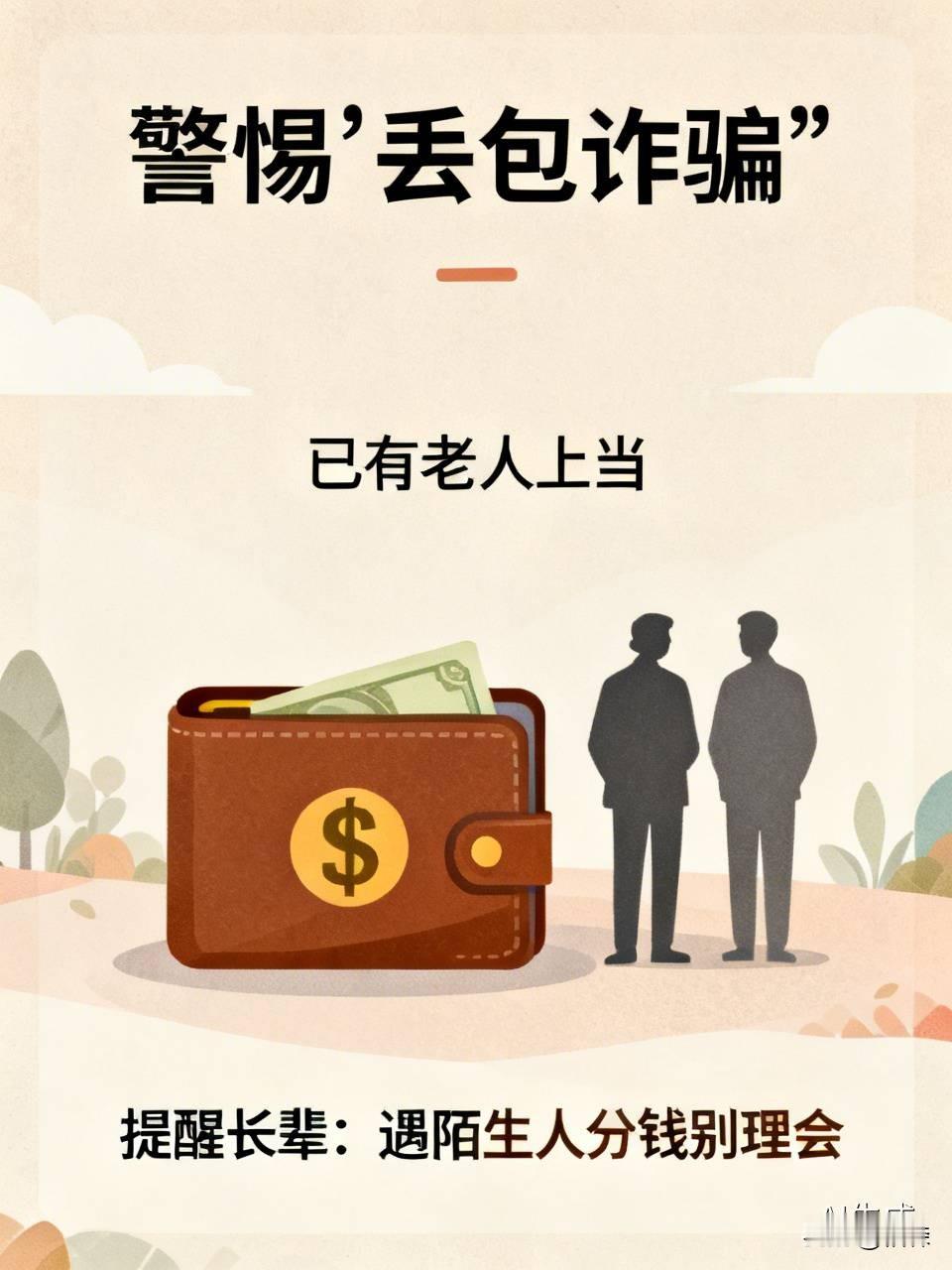 警方提醒：警惕“丢包诈骗”，已有老人上当
近日警方通报一起案件，嫌疑人低价购买冥币，使用经典“丢包分钱”套路，骗取一名老人3000元现金。这类骗局专门瞄准中老年群体。
骗子一般一人丢钱，一人上前拉受害人，谎称捡到钱一起平分，再伺机骗取钱财。提醒家里长辈，路上遇到陌生人分钱，千万别理会。
你身边见过这