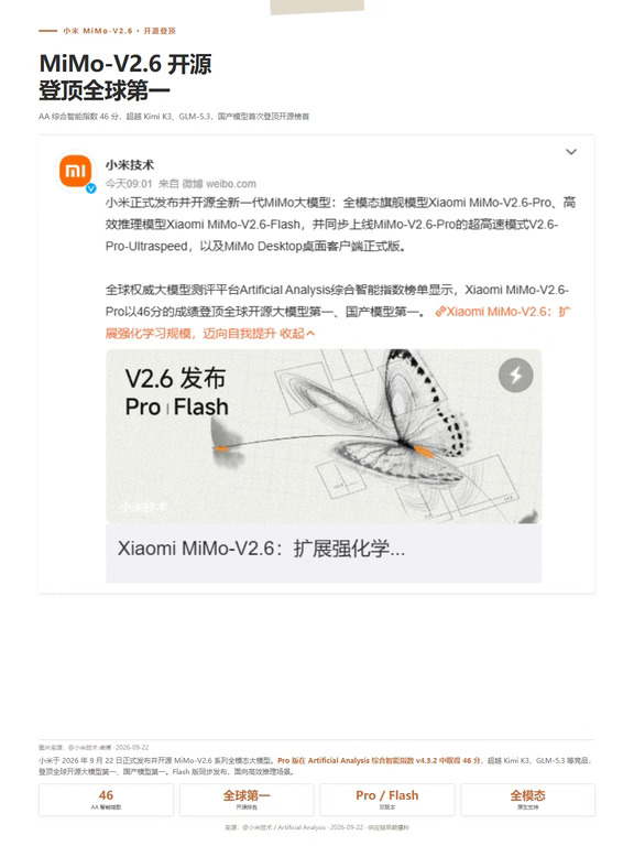 小米 MiMo-V2.6登顶！小米昨晚放了个大招