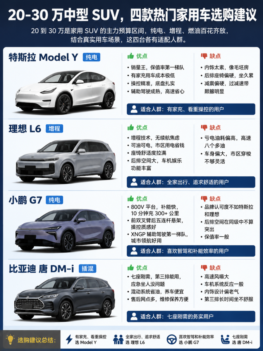 20-30 万中型 SUV，四款热门家用车选购建议
20 到 30 万是家用 SUV 的主力预算区间，纯电、增程、燃油百花齐放，结合真实用车场景，这四台各有适配人群。
特斯拉 Model Y 是纯电领域的销量王，有家充的话用车成本极低，操控精准，底盘扎实，辅助驾驶成熟，跑高速很省心，保值率在电车里算