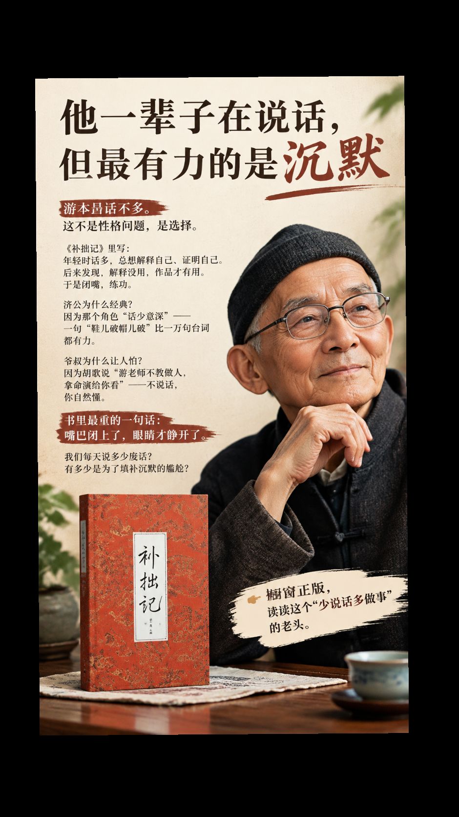 他说&34;演员的嘴，要替角色说话，不是替自己说话&34;：游本昌的沉默美学。游本昌官方自传《补拙记》正式上市。写尽龙套岁月，写透热爱与坚守，也写下迟来的愧疚与圆满。
游本昌女儿游思涵游本昌养老院养老方式 游本昌拍繁花久久不能出戏 补拙记 游本昌爷爷经典语录 @DOU+小助手