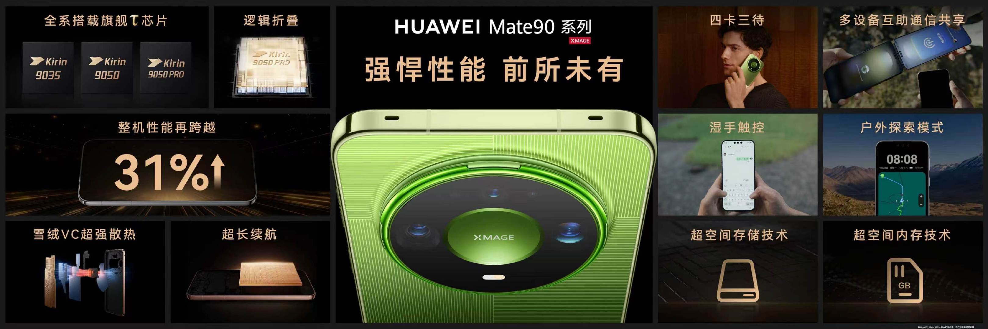 #Mate90系列首发四卡三待#以前工作号、私人号、流量卡三样，出门得揣两部手机加随身 WiFi，钱包手机一堆。Mate90 首发四卡三待，2 实体 SIM 加 1eSIM 三卡同在线，工作、生活、流量三个数字分身一台搞定，商务出行轻装出发，重要来电一条不落。 ​