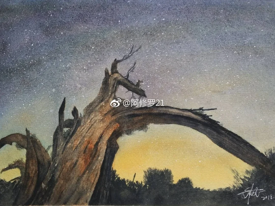水彩，星空下的胡杨林