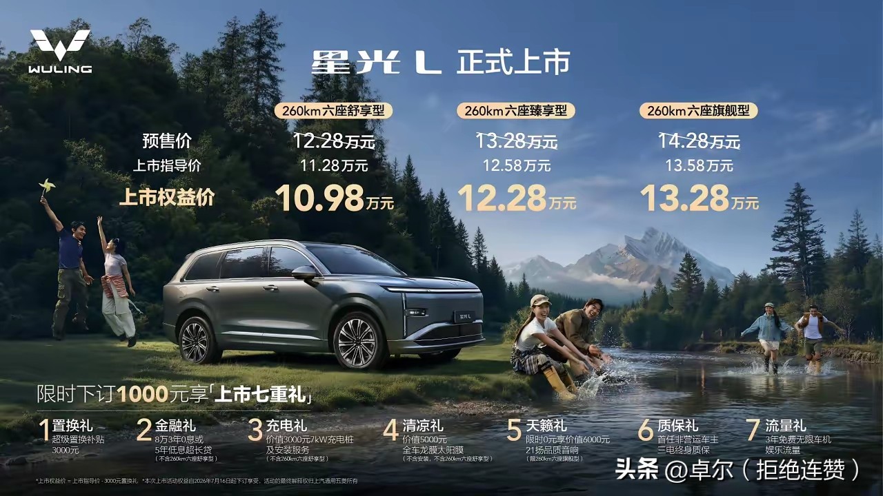 放心买车闭眼入的五大车企:

1、红旗汽车，

2、比亚迪，

3、五菱汽车，

4、奇瑞汽车，

5、长安汽车，

五菱 星光L十万级大六SUV是真得香，真的可以不用再踮脚够高价车型了！

五菱 星光L新车采用家用市场很受欢迎的2+2+2独立六座布局，

座椅更