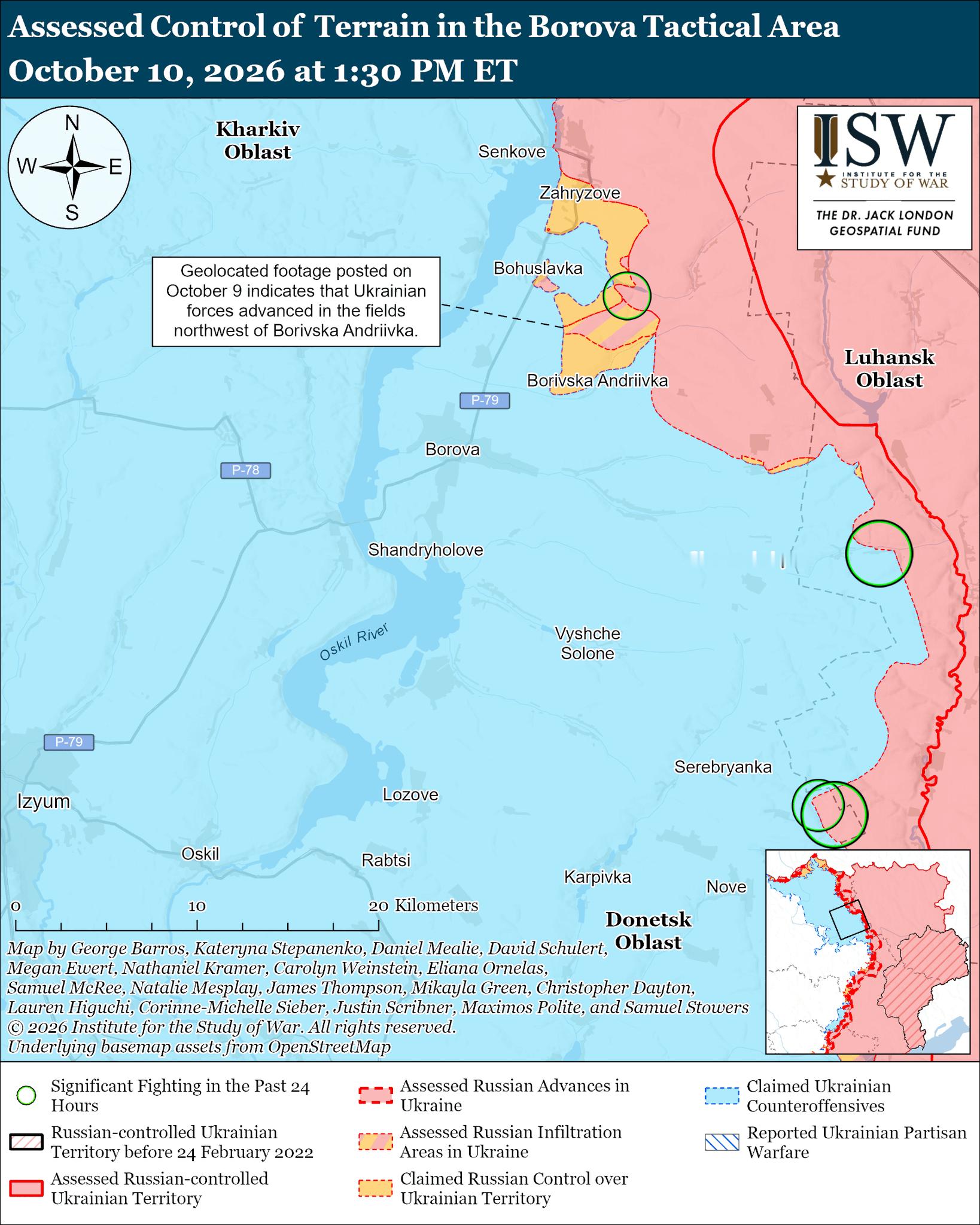 ISW 2026年10月10日俄乌战况评估摘要：
普京10月9日与特朗普通话中，谎称乌克兰袭击俄杜马选举基础设施导致和谈停滞，实际俄方始终拒绝任何让步，坚持乌克兰完全投降。俄国防部仅在国内Max平台发布夸大战果周报，称夺取多地并“包围”哈尔科夫州乌军，但乌方及俄博主均予否认，推进实际大幅放缓。
特朗 ​