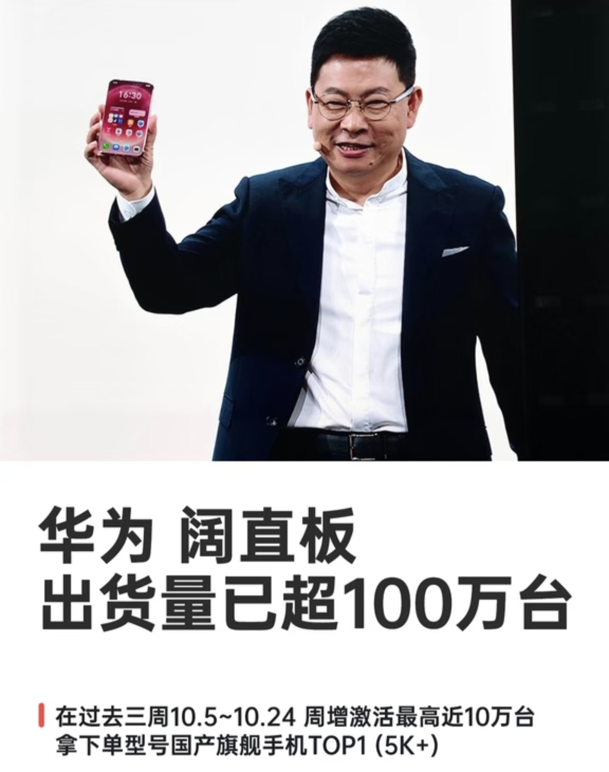 华为Pura X View阔直板上市50天出货量突破100万台，10月5日至24日这三周，单周新增激活最高接近10万台，拿下5000元以上价位国产旗舰单品销量第一，这份第三方统计数据，在高端手机市场十分亮眼。这款机型定价5999元起，12+256GB版本5999元，12+512GB版本6999元，顶