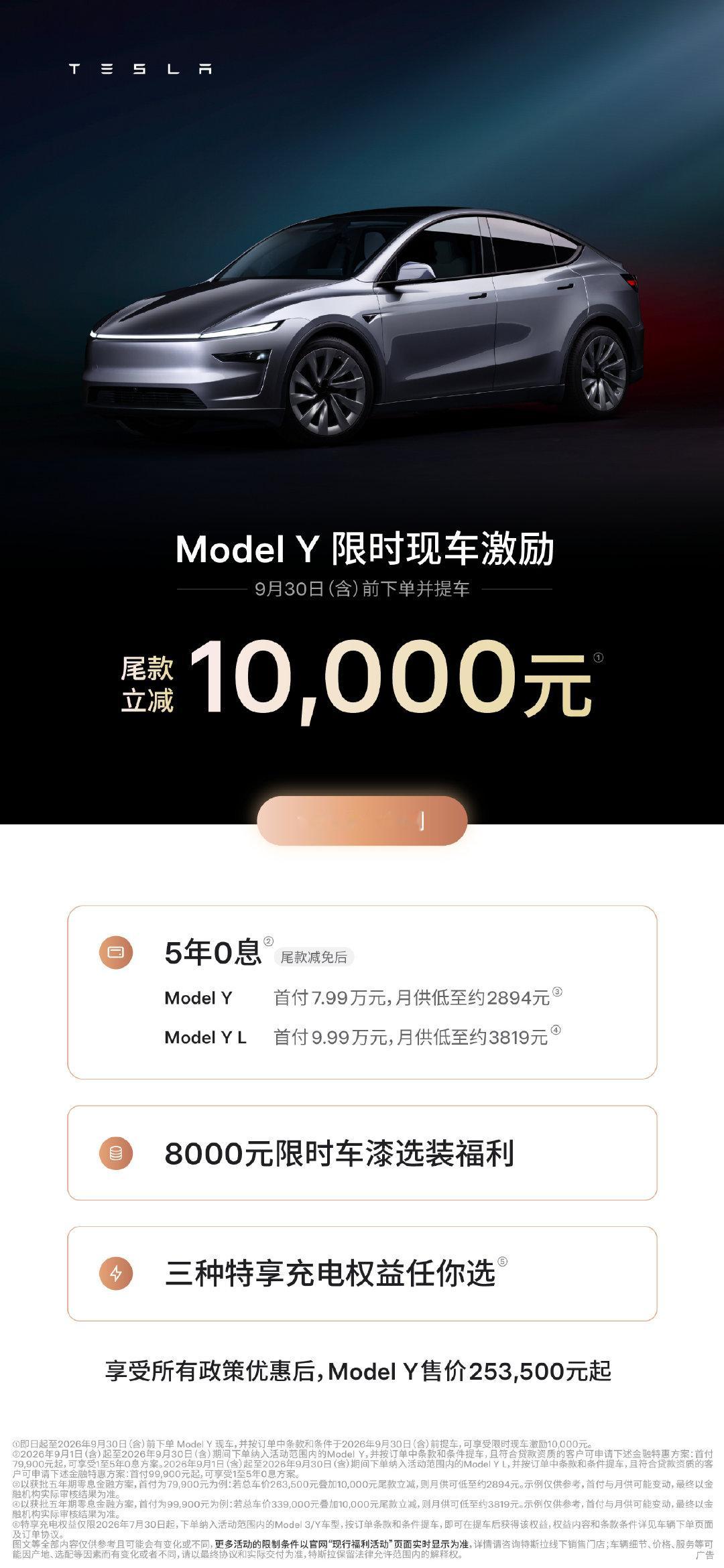 #特斯拉降价# 特斯拉真是想降就降
Model3现车减5000
ModelY现车减10000
叠加免息等权益，仅限9月30日前现车交付
已经看到前两天提车的人开始不满了[允悲] ​