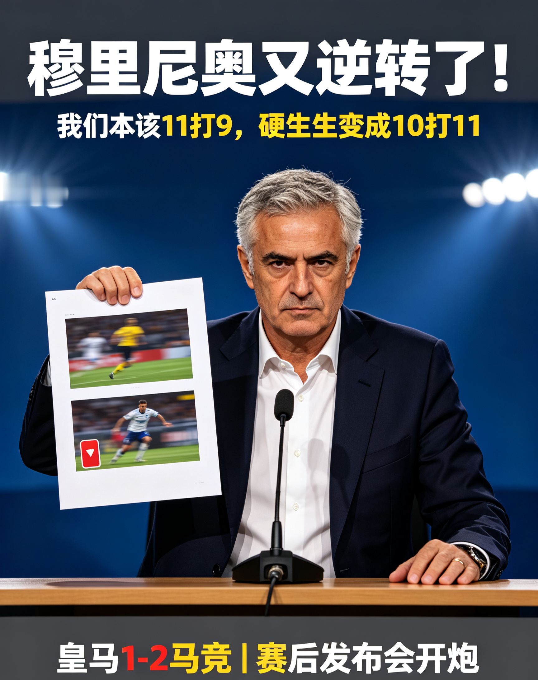 🔥穆里尼奥发布会又逆转了！举照片开炮：我们本该11打9，硬生生变成10打11

皇马客场1-2输给马竞，但穆里尼奥没打算就这么算了。

赛后发布会，穆帅直接从桌下掏出一张A4纸，上面打印着两张截图——罗梅罗踩踏贝林厄姆膝盖，李刚仁蹬踏巴尔韦德脚踝。他对着镜头说：“这两次都是毫无争议的红牌。如果有50