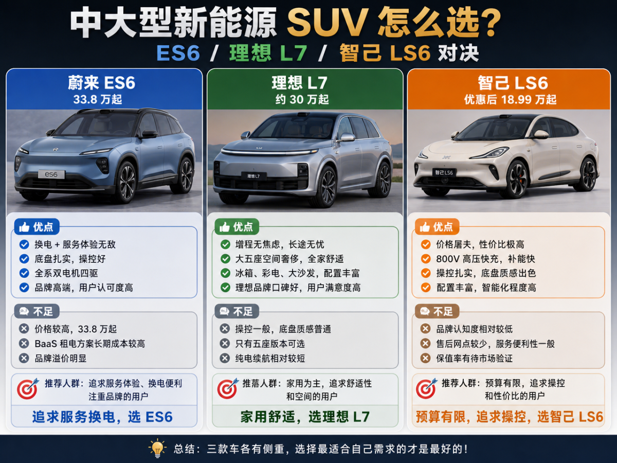 中大型新能源 SUV 怎么选？ES6 / 理想 L7 / 智己 LS6 对决
30 万级中大型新能源 SUV，各有各的绝活🎯 蔚来 ES6 33.8 万起，换电 + 服务体验无敌底盘扎实操控好全系双电机四驱，可是价格贵 BaaS 租电长期成本高品牌溢价明显。理想 L7 约 30 万起，增程无焦虑大五