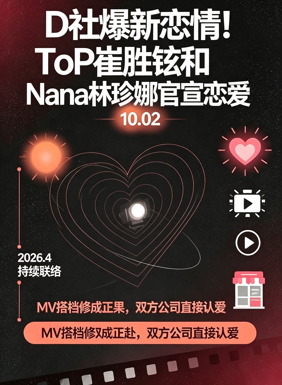 2026年10月2日，韩国媒体Dispatch（D社）曝光了Bigbang前成员TOP（崔胜铉，38岁）与演员林珍娜（Nana，35岁）的恋情，双方经纪公司火速承认——两人因合作MV结缘，今年6月已正