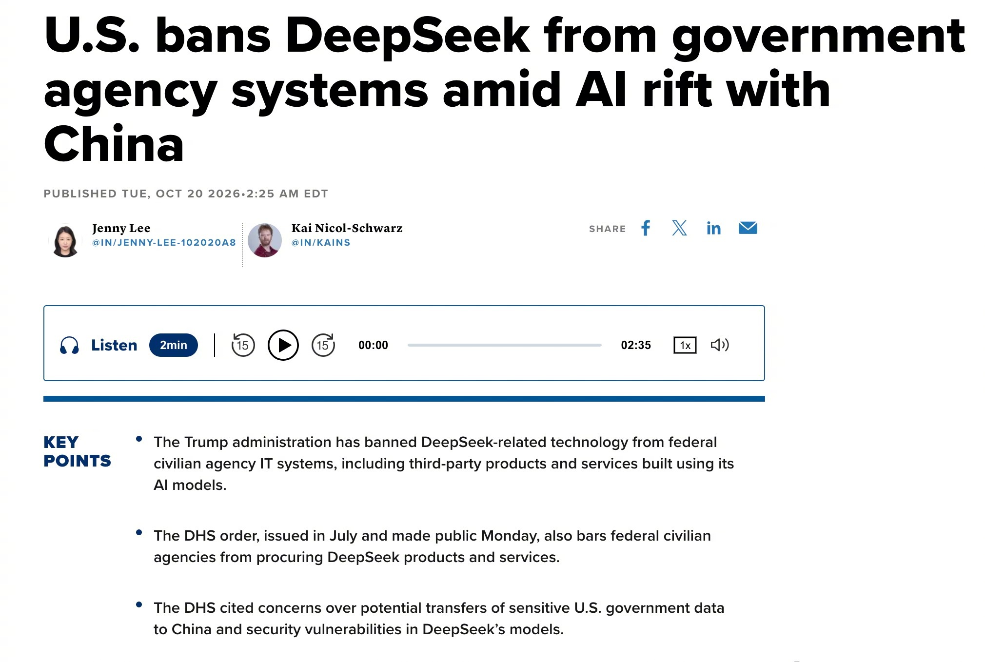 【V速报｜#美国禁止DeepSeek进入政府机构系统# 】#美国宣布禁止政府系统使用DeepSeek# 
特朗普政府以安全担忧为由，禁止中国人工智能初创公司DeepSeek为美国民用政府机构提供服务。

美国国土安全部周一公布了一项命令，要求联邦民事机构从其IT系统中移除与DeepSeek相关的技术，并禁止其采购DeepSeek的 ​