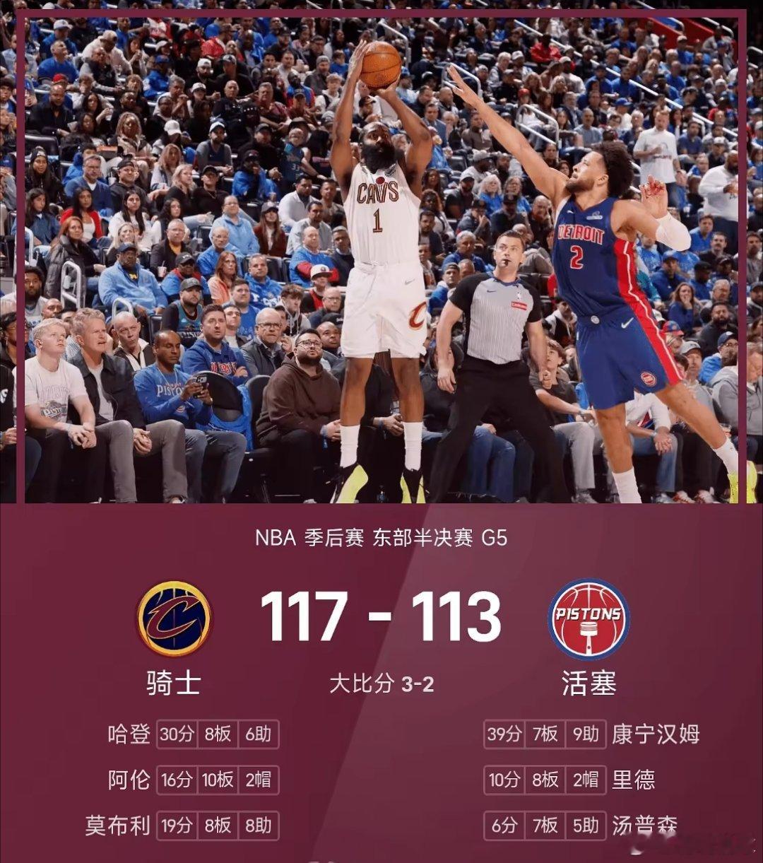 NBA季后赛东部半决赛迎来一场天王山对决，活塞主场迎战骑士。上半场，活...