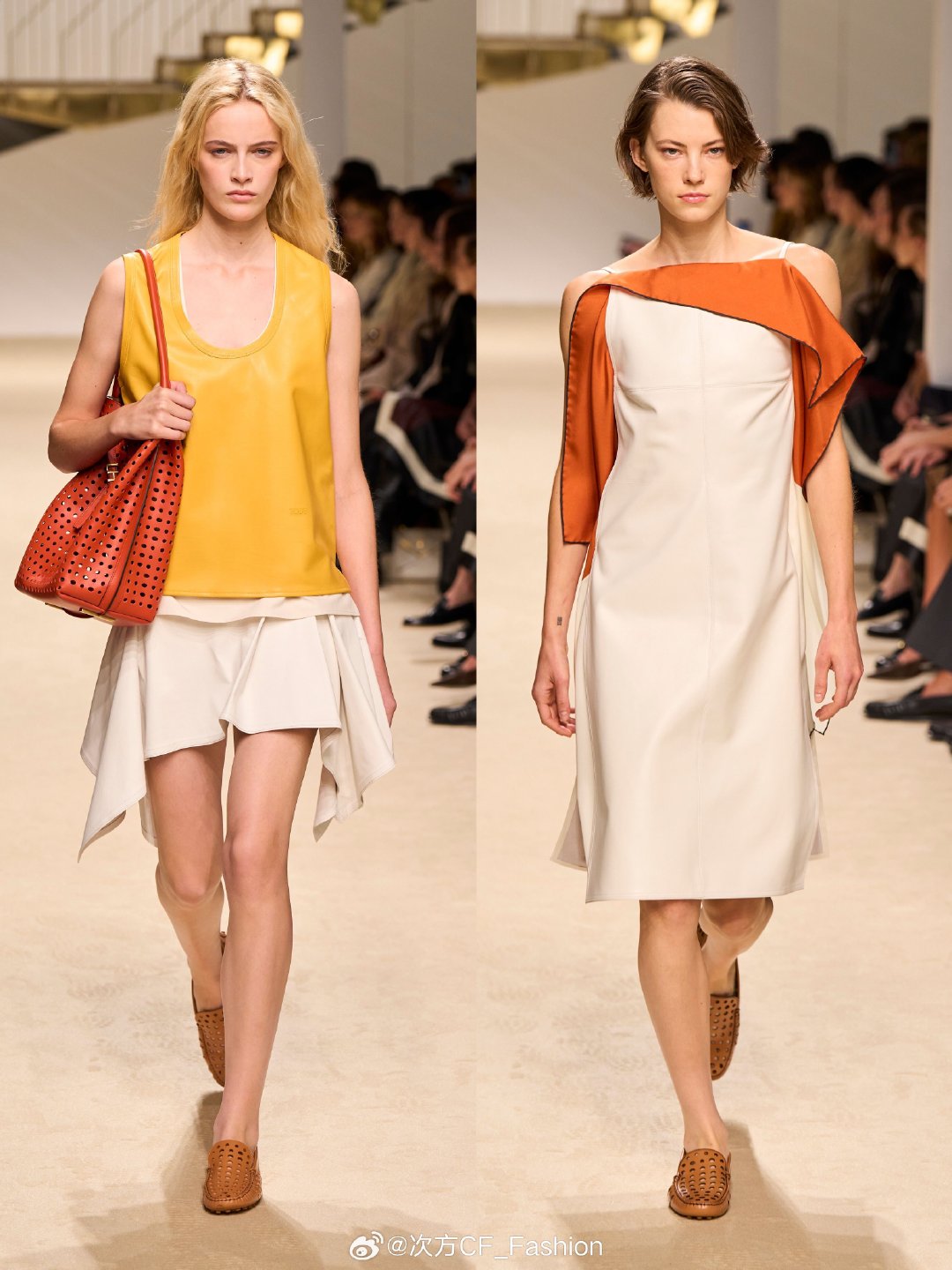 Tod‘s 2027春夏大秀

依旧是稳定发挥，利落干净的剪裁、细腻柔软的皮料尽显高级质感，乐福鞋休闲时尚，镂空透气设计更是本季亮点之一～最后面几套里，绸缎布料拼接皮料的设计，利落垂坠下来的线条感令人眼前一亮#时装周##春夏时装周##米兰时装周# ​
