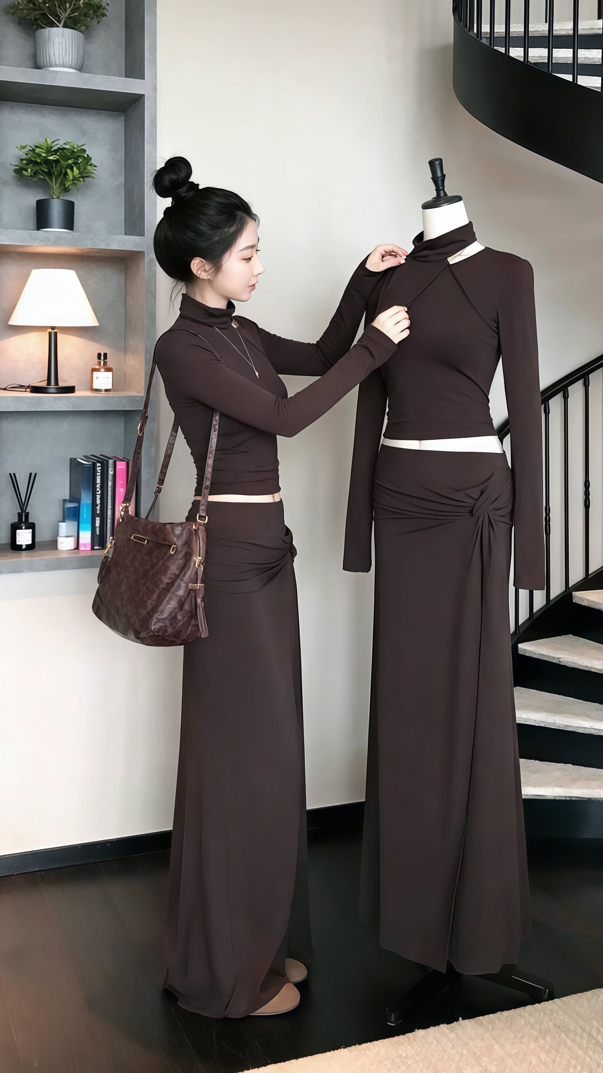 许妍于简约空间的螺旋梯间，巧克力棕套装尽显格调。高领镂空上衣藏着小心机...