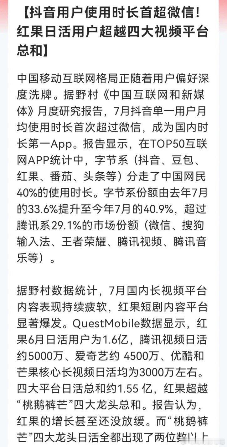 大A新主线浮现？

字节系吞下40%网民时间

红果1.6亿日活“手撕”四大长视频，短剧真的火了

消息上：抖音7月用户时长首超微信，字节系App占网民总时长40.9%，远超腾讯系29.1%。

红果短剧日活1.6亿，超越腾讯视频、爱奇艺、优酷、芒果四平台总和，后者日活均两位数下滑。

字节系如此强势，说到底就是 ​