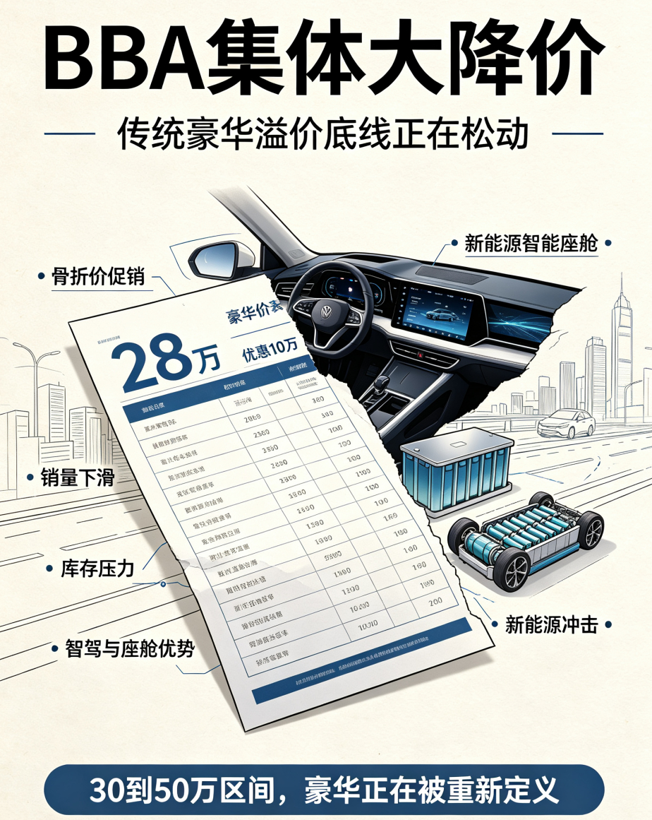 宝马5系分期裸车价跌破28万，奔驰E级、奥迪A6L终端优惠破10万，这不仅仅是简单的“骨折价”促销，而是传统豪华车价格体系在国产新能源冲击下的加速瓦解。 
 
曾经坚挺的BBA溢价底线，正被问界、理想等品牌的智能化体验和座舱优势层层击穿。上半年销量同比下滑约20%的背后，是库存承压与品牌光环褪色的 ​