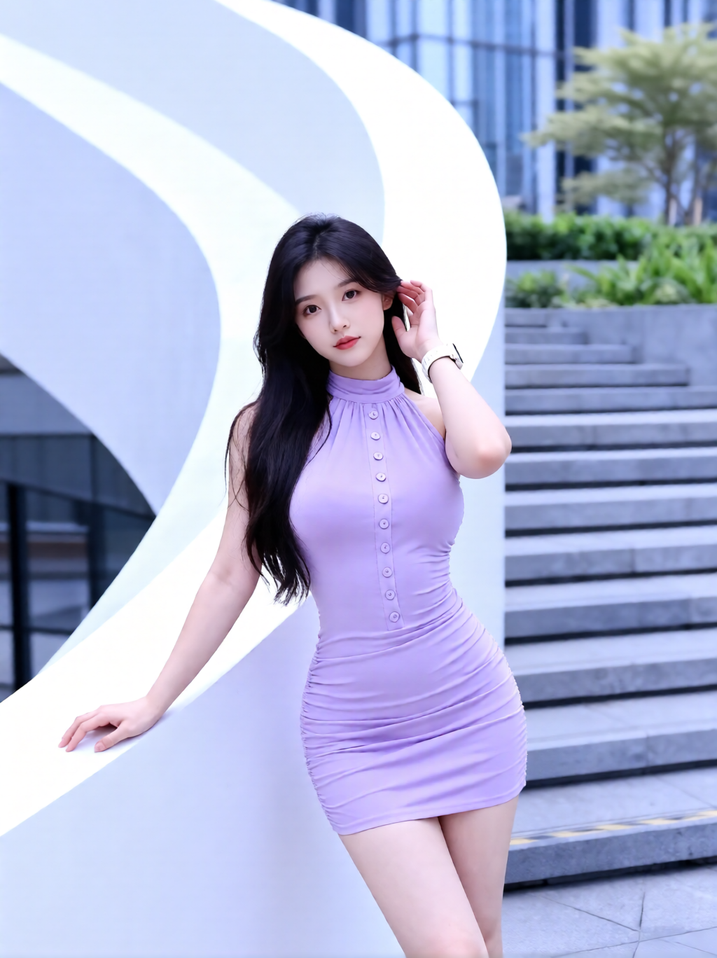 都市时尚少女，紫色连衣裙，优雅气质，都市风范。