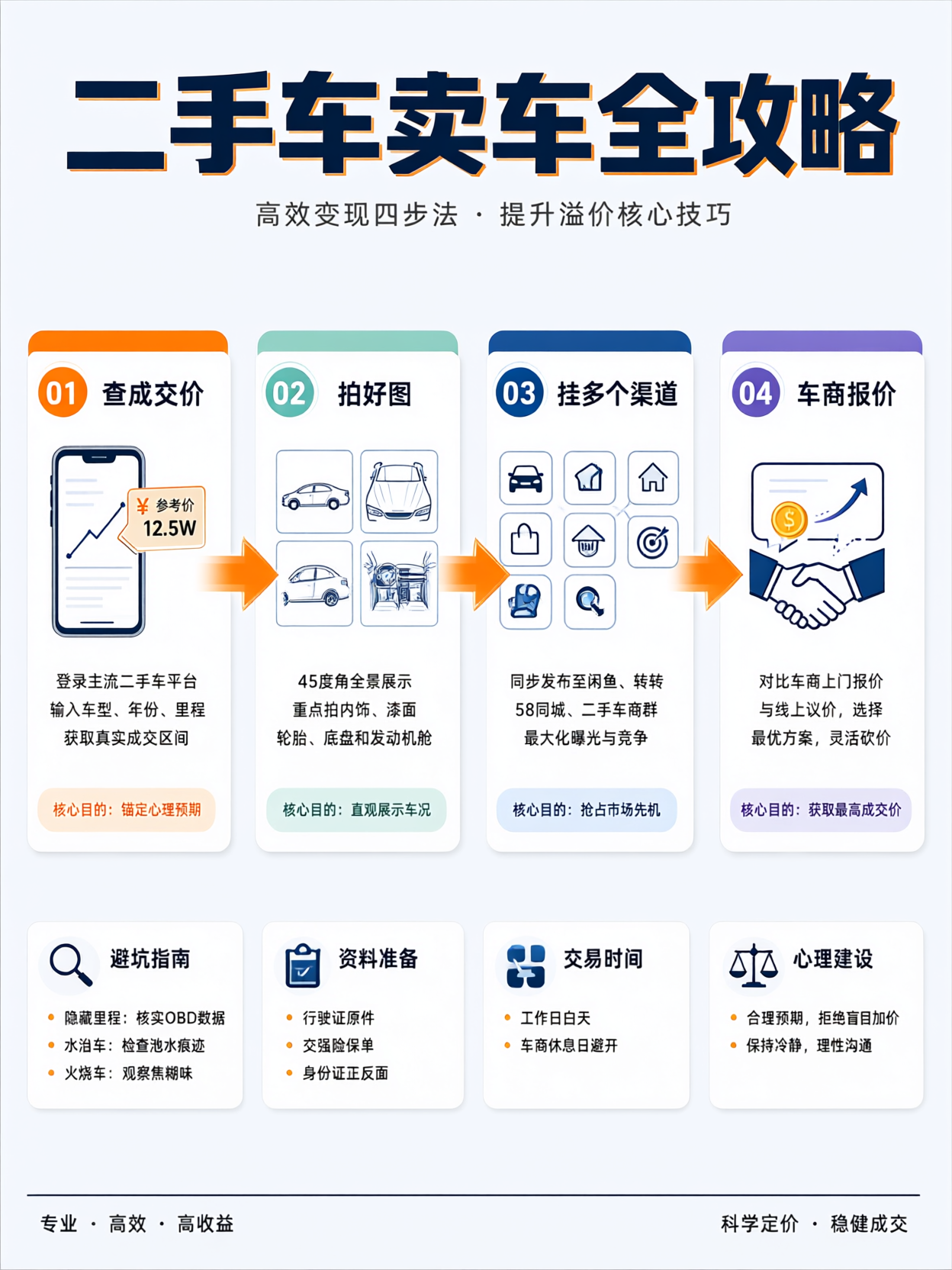 卖二手车别先问车商&34;值多少&34;！你一开口，就比市场价少卖了5000

上周帮同事卖车，同一辆2018年朗逸，车商报价5.2万，我自己挂闲鱼卖了5.8万，多出来的6000够加一年油。

卖车最蠢的做法：开到市场，问&34;师傅我这车能收多少？&34;车商眼睛一亮——这人没比价，往低了报就完了。

卖高价顺序应该是这
