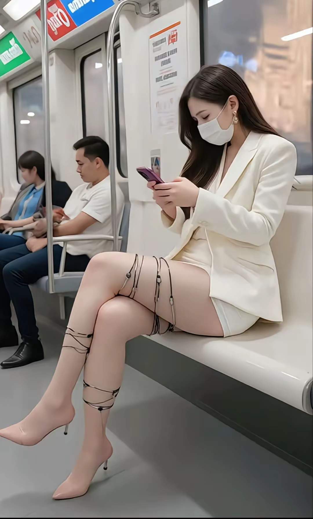 地铁上惊艳的美女，口罩也遮挡不了靓丽的容颜。