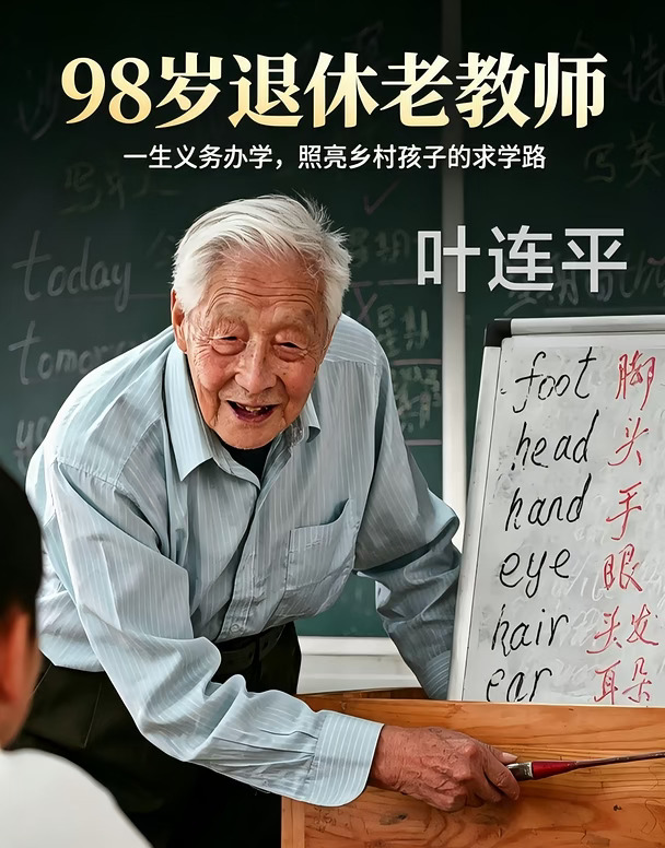 🇨🇳 叶连平｜下辈子 我还要当老师
	
谁能想到，这位住着简陋老屋、屋内堆满旧报纸，对自己抠门到让人心酸的白发老人，是守护乡村留守儿童二十余年的叶连平老师。
	
他生于1928年，是安徽和县的退休英语教师。1991年退休之后，他没有选择安享晚年，看着村里大批父母外出务工的留守儿童，很多孩子缺少课外辅导，英语基础薄弱，2000年，他在家创办“留守未成年人之家”，免费为乡村孩子补习英语，一分学费都不肯收。
	
二十多年时光里，他先后辅导超2000名乡村学子。没有精良教具，就亲手一笔一划手写讲义；寒暑假、周末从不休息，哪怕腿脚不便，拄着拐杖也要准时站上讲台。
	
他对自己极其吝啬，衣食住行简单凑合，老屋陈设朴素，舍不得多花一分钱。可面对孩子们，他永远慷慨大方。拿出自己的积蓄设立奖学金，补贴家境困难的学生，添置书本、学习用品。哪怕生病住院，身体稍有好转，就急匆匆赶回课堂，生怕耽误孩子们的课程。
	
老人常说：“我生命的最后一口气，也要在讲台上呼出。下辈子，我还要当老师。”
	
年过九旬...