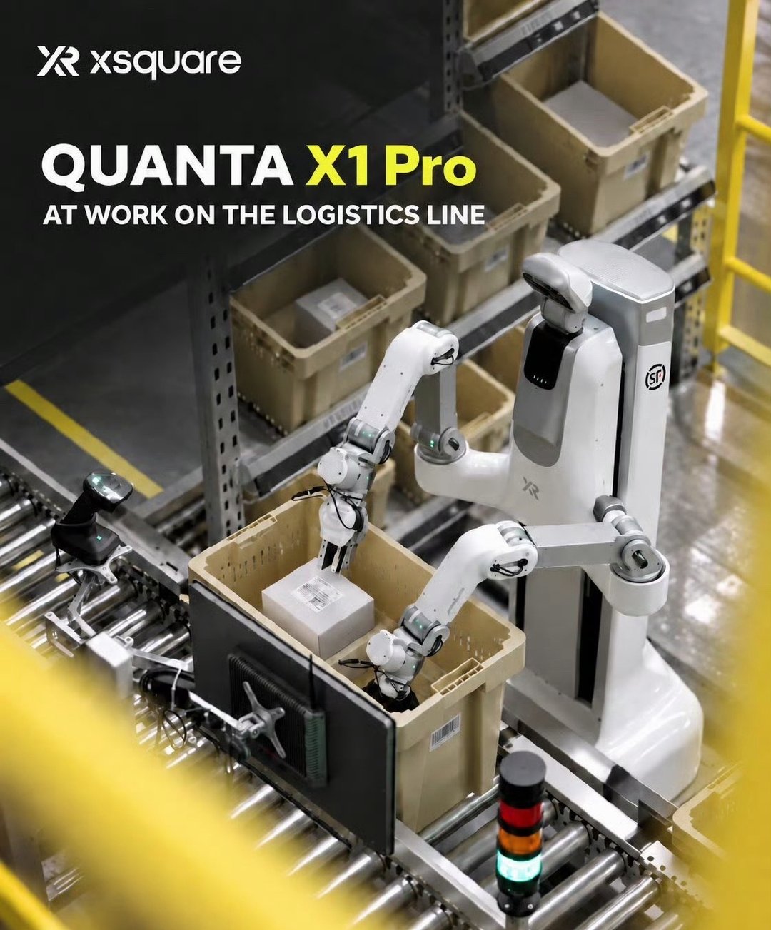 自变量宣布其 QUANTA X1 Pro 轮式双臂机器人正在 Lululemon 新开的武汉配送中心处理包裹任务[点赞] ​