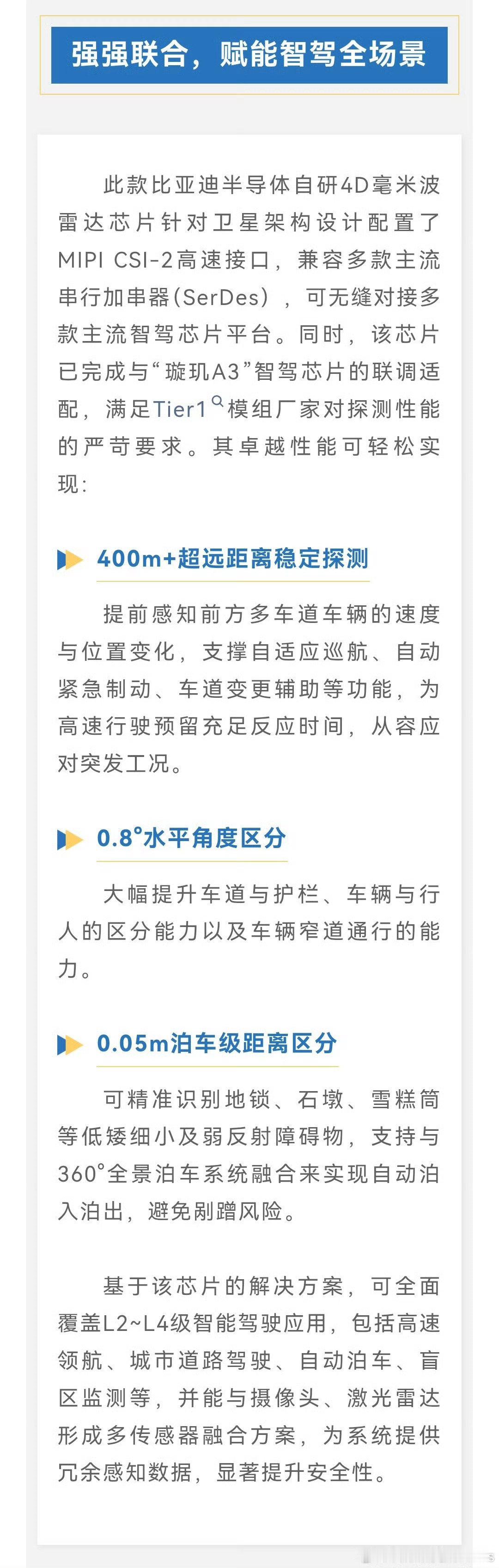 #比亚迪[超话]#4D毫米波雷达芯片也自己做了，8T8R单芯片，绑着自家璇玑A3，马上量产上车，我猜第三代唐，腾势N8，都会是璇玑A3+自研4D毫米波雷达。 ​