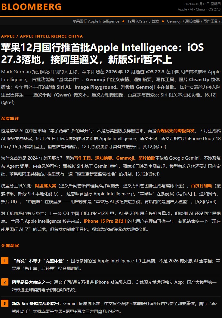 新华邮讯 作者 | 何波  记者 | 罗伊
10月15日 新华邮讯今日新闻综合报

一、苹果国行AI功能有望12月上线：iOS 27.3或迎重要更新

接入阿里巴巴大模型，首批功能涵盖文本处理、通知摘要与照片编辑

据彭博社报道，苹果计划于今年12月通过 iOS 27.3 更新，在中国大陆推出首批