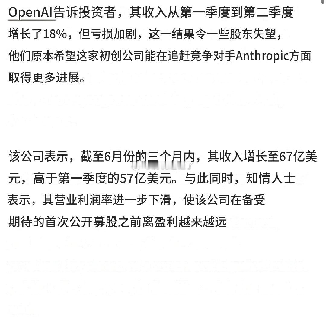 OpenAI 已经完蛋了。收入从第一季度的 57 亿美元增长到第二季度的 67 亿美元，但运营利润率却恶化了，尽管不知为何该期刊没有披露具体数值或恶化程度。上个季度（非 GAAP 标准）为负 122%，以作参考。 ​