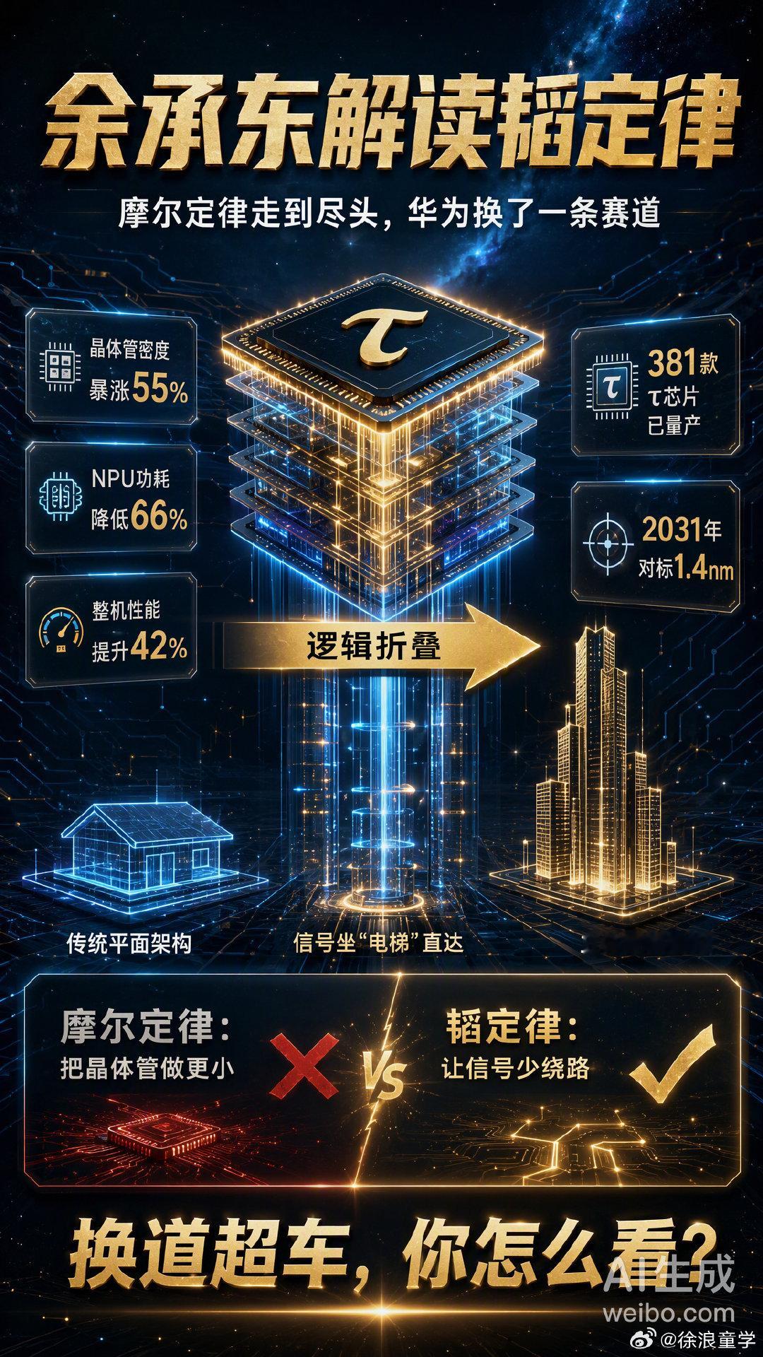 #余承东解读韬定律#
摩尔定律：不断把平房里房间做更小。
韬定律：把平房改造成多层楼房。
韬定律本质是一套全新芯片设计方法论，最大瓶颈在EDA三维设计工具链，等于华为把这个也解决了。中国芯片还是得靠华为。 ​