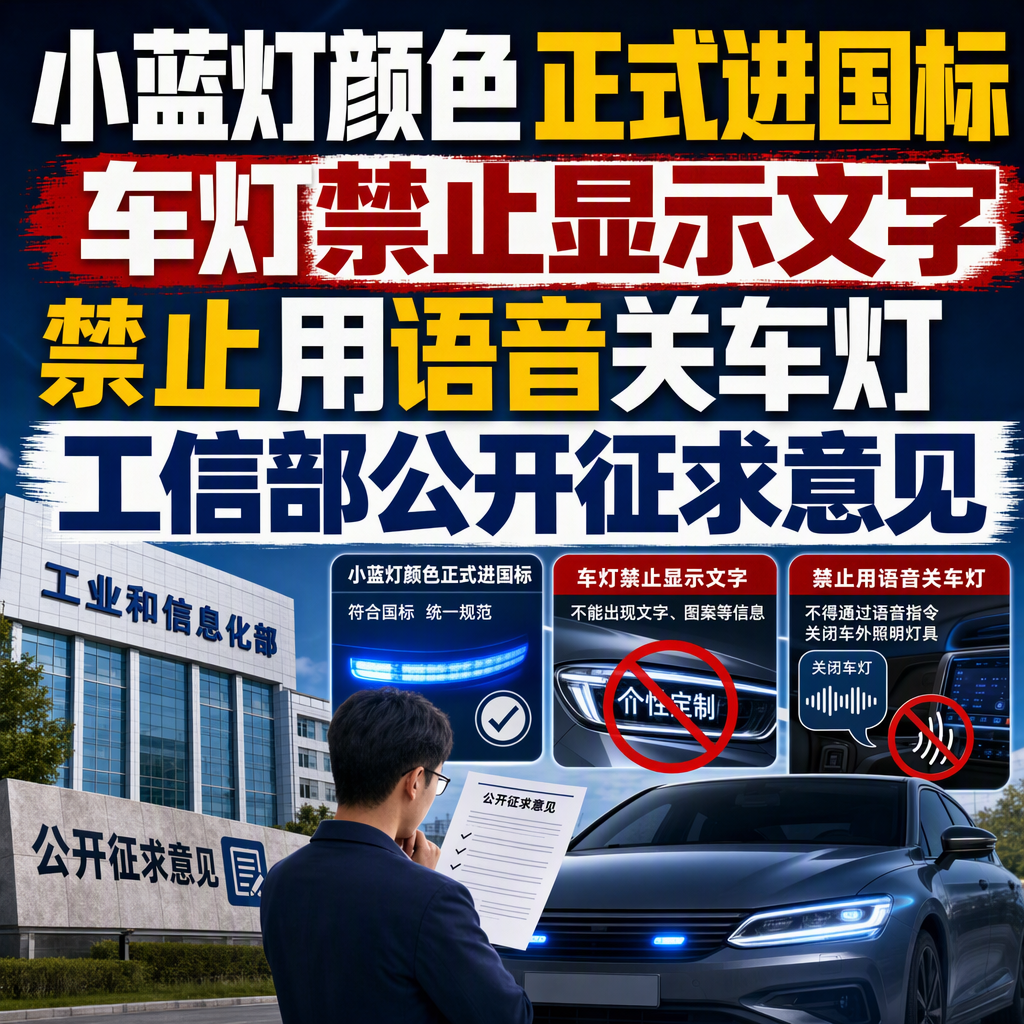 问大家一个问题：你见过车尾灯滚字、闪表情包吗？以后大概率见不到了。
10月20日，工信部把汽车及挂车外部照明和光信号装置的安装要求等五项强制性国标拿出来征求意见，12月19日截止。
信号一，智驾“小蓝灯”正式有了身份。
新国标给它定名ADS标志灯，光色统一为蓝绿色，此前各家蓝得五花八门，路上根本认不