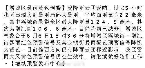 【增城区暴雨黄色预警】受降雨云团影响，过去5小时我区出现大到暴雨局部大...