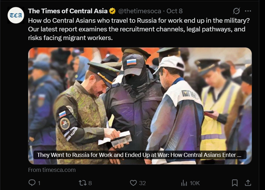 《中亚时报》刊文，就去俄罗斯打工的中亚国家民众，为啥会出现在俄乌战场前线进行了一番分析...... ​