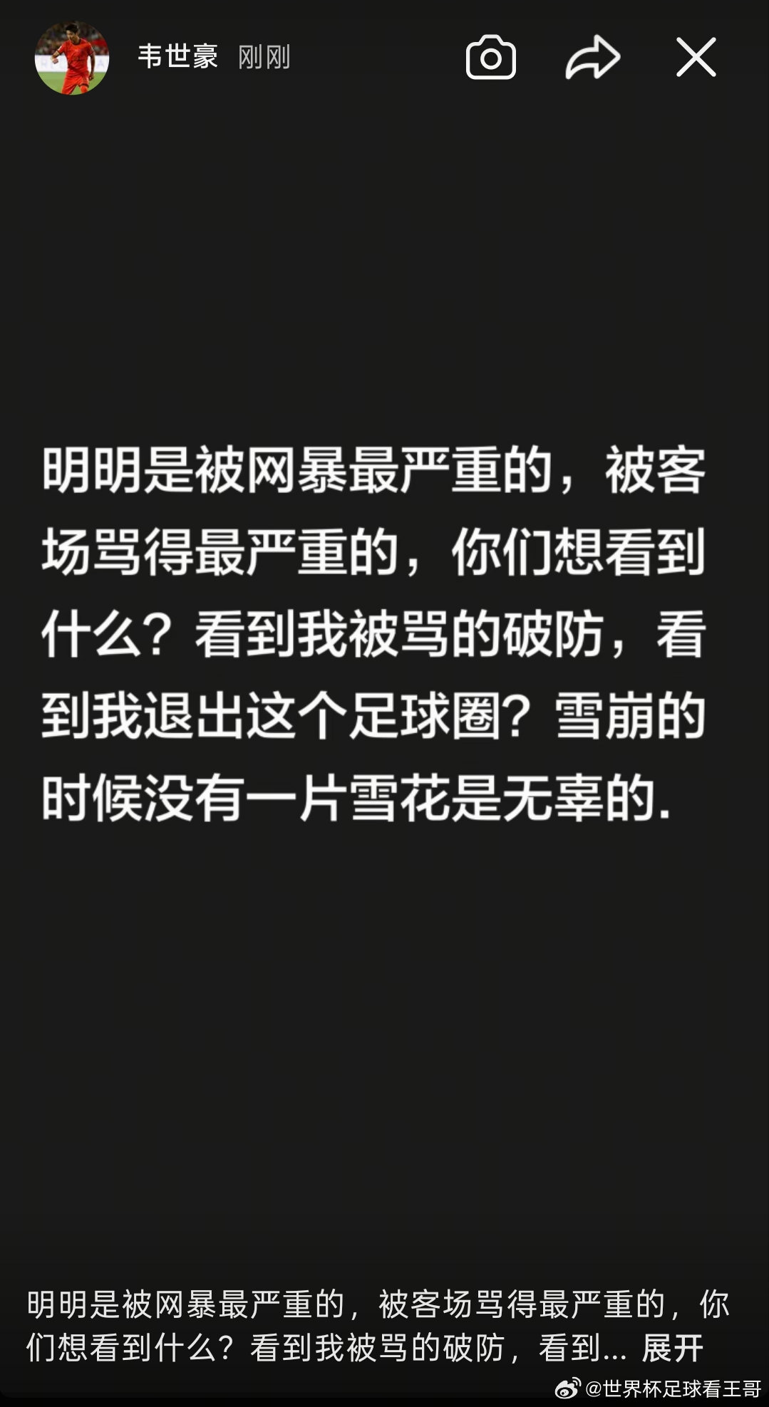 韦世豪连更社媒：还嘴就是错的；想看到我退出足球圈？都别装好人

韦世豪今日连更多条社媒，以下为社媒合集。

这让我想到了范大将军说的一句话，你赚的钱里边，有一半是挨骂的。当然，祸不及家人，骂孩子和家人的真的有点过了。
#韦世豪连续更新社媒# ​