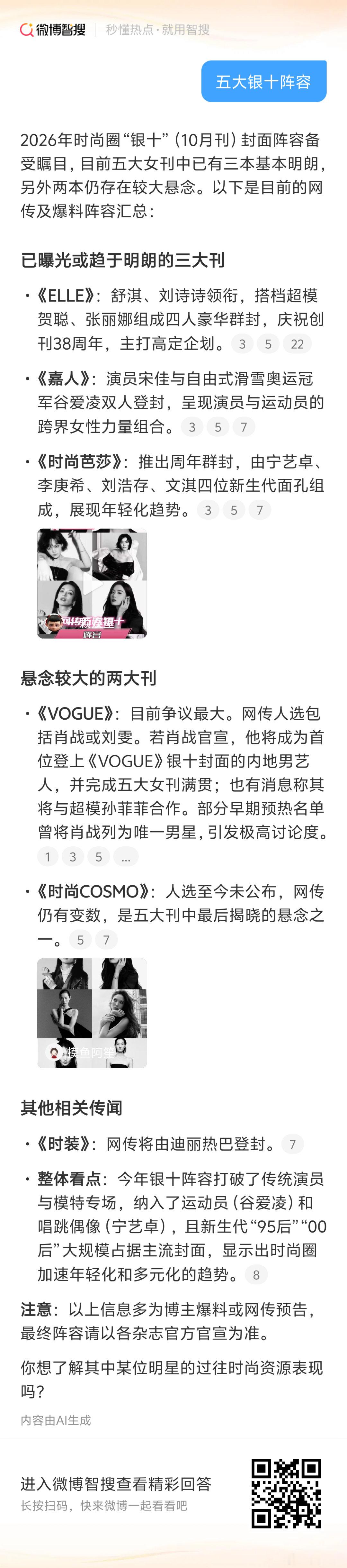 2026年时尚圈“银十”（10月刊）封面阵容备受瞩目，目前五大女刊中已有三本基本明朗，另外两本仍存在较大悬念。以下是目前的网传及爆料阵容汇总： 已曝光或趋于明朗的三大刊*《ELLE》：舒淇、刘诗诗领衔